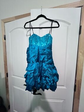 B Darlin Teal Sequin Bodice Ruffled Cocktail Dress